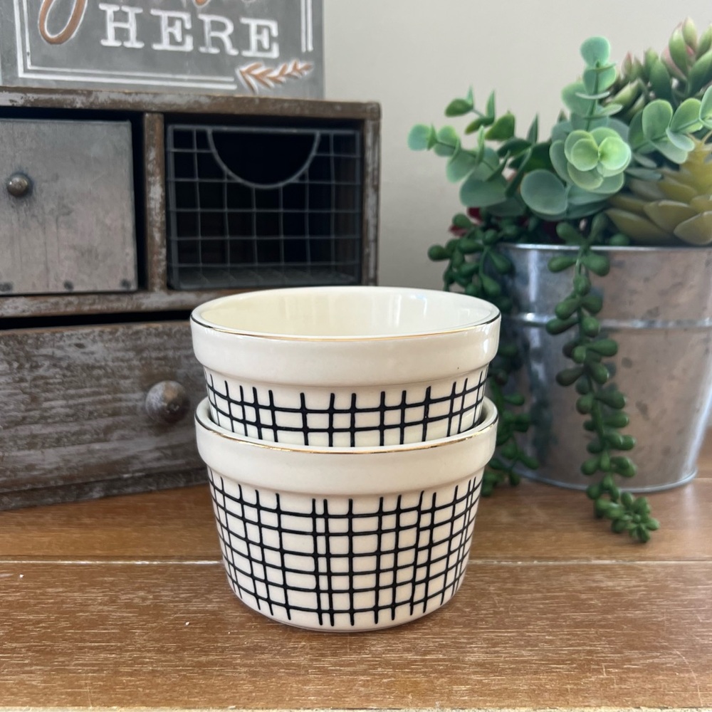 2 HTF New Thyme & Table Ceramic Ramekins Cross Hatch